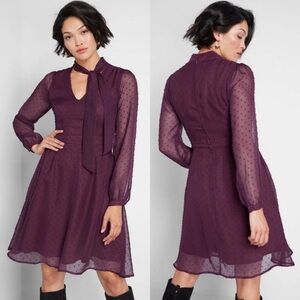 NWT MODCLOTH Apogee of Elegance Burgundy Swiss Dot Tie Neck Long Sleeve Dress